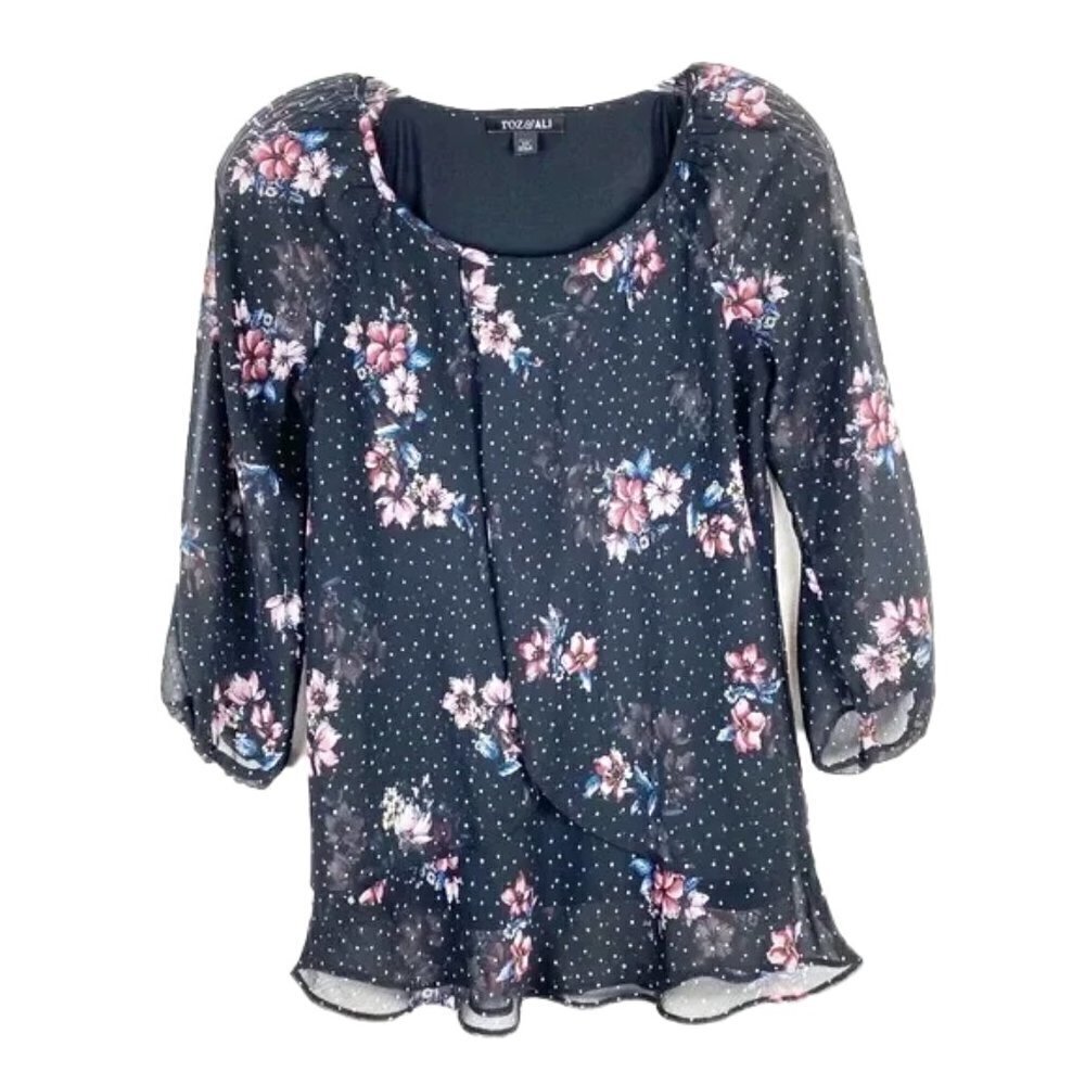 ❤️ 🆕 ROZ & ALI Floral Slit 3/4 Sleeve Career Blouse Size Small